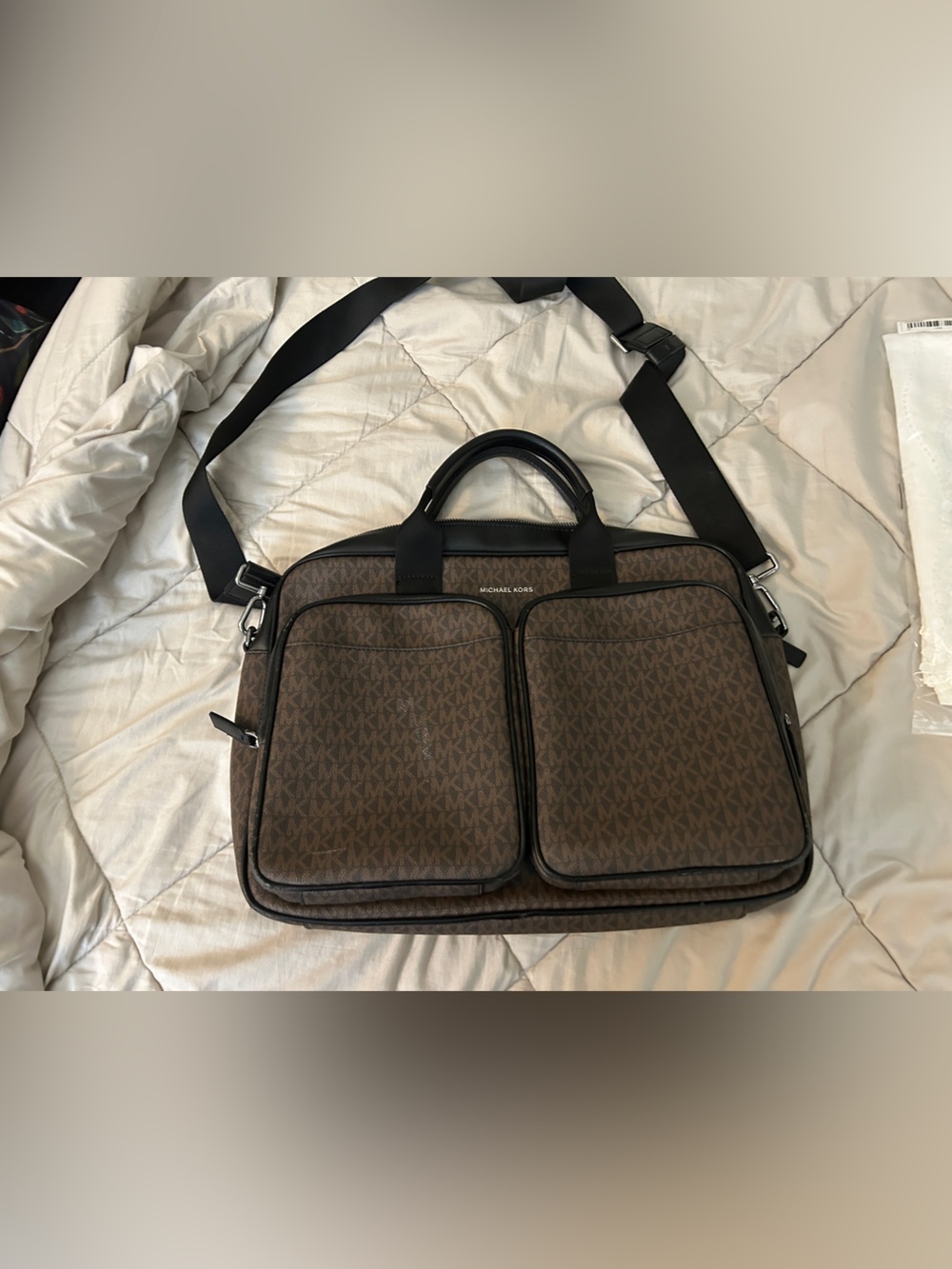 Michael Kors Brown Logo Laptop Messenger Bag with Black Trim